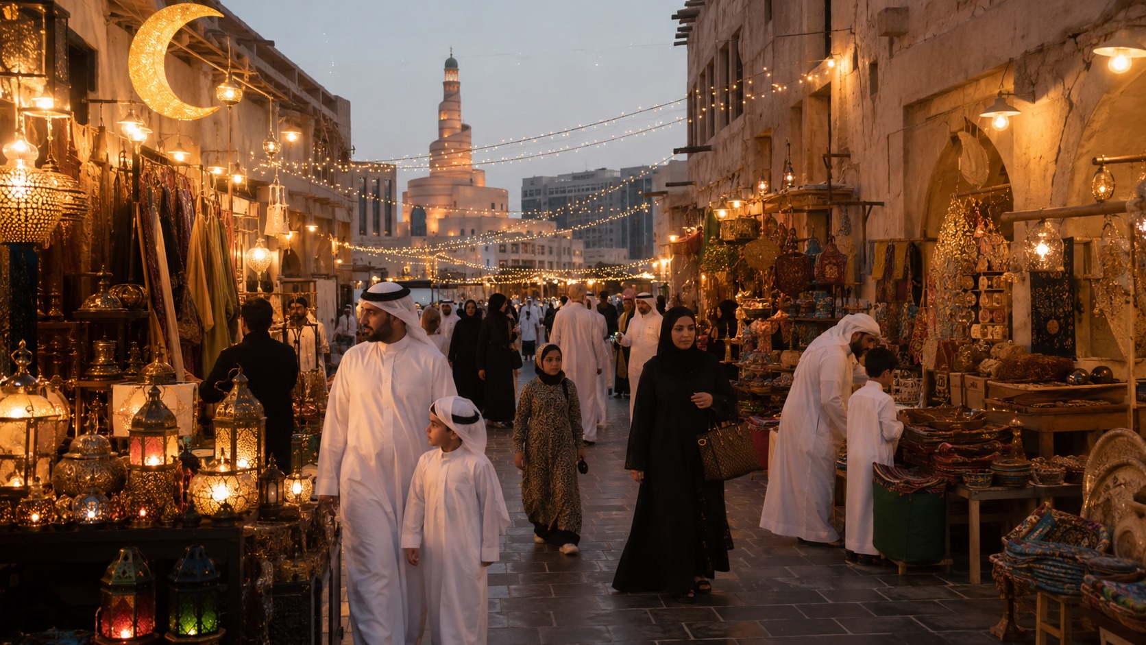 سوق تقليدي في المنطقة العربية خلال شهر رمضان مع إضاءة المساء والزينة