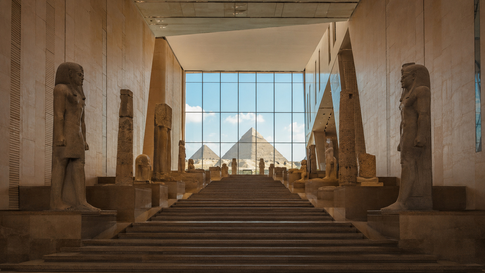 الدرج العظيم محاط بالتماثيل واللوحات الأثرية