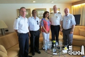 Cruise ship Ms ROTTERDAM docks in Port Victoria in Seychelles and Captain welcomed by island s Minister for Tourism