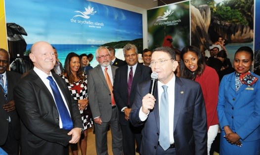 Seychelles Tourism Minister Loustau-Lalanne endorses former Minister St.Ange as the island's Candidate for SG of the UNWTO in function at ITB in the presence of Taleb Rifai the outgoing SG of the UN Body