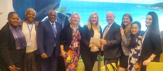 WOMAN'S DAY AT ITB IN BERLIN SAW LELA KRSTEVSKA FROM THE GOVERNMENT OF THE REPUBLIC OF MACEDONIA FORMALLY ENDORSE ALAIN ST.ANGE OF THE SEYCHELLES FOR THE UNWTO ELECTIONS